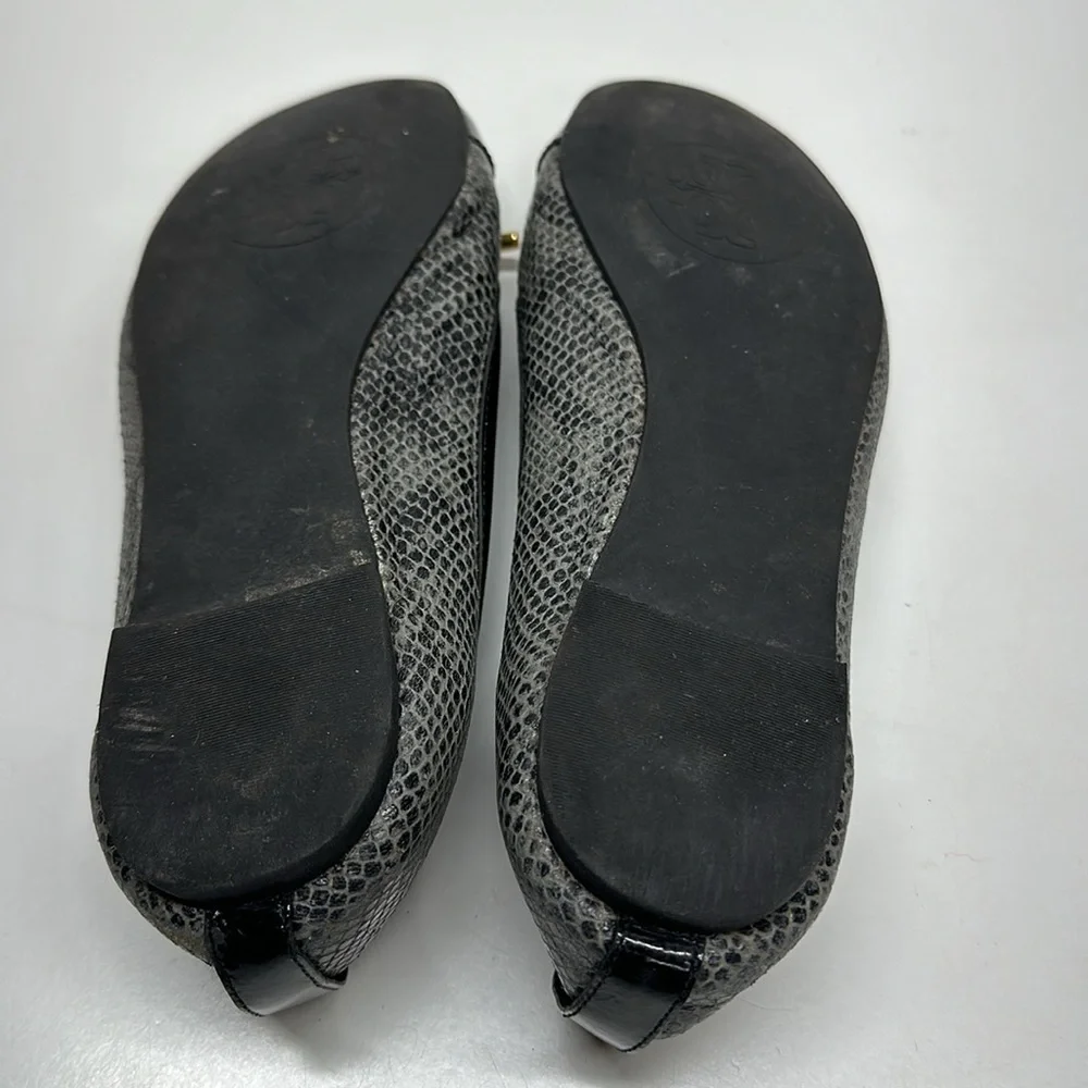 Tory Burch Ballet Flats Shoes Faux Snakeskin Leather Captoe Black Gray Size 8.5